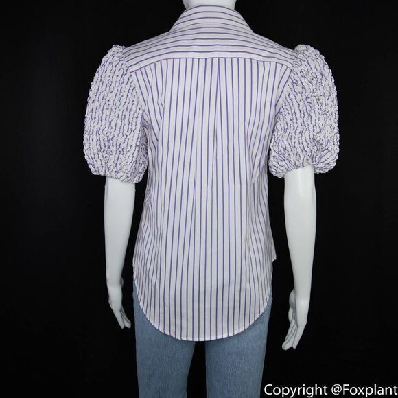 NWOT Petersyn smocked puff short sleeve button front top,‎ white with stripes - Picture 7 of 15